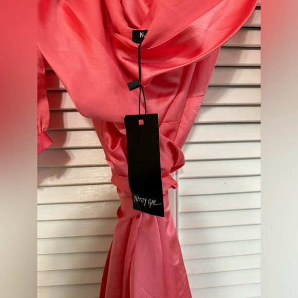 NWT NASTY GAL Cowl Back Satin Wrap Maxi Dress in coral - Picture 8 of 9